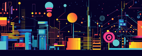 Futuristic neon cityscape with abstract geometric shapes and vibrant colors under night sky. © Sanych