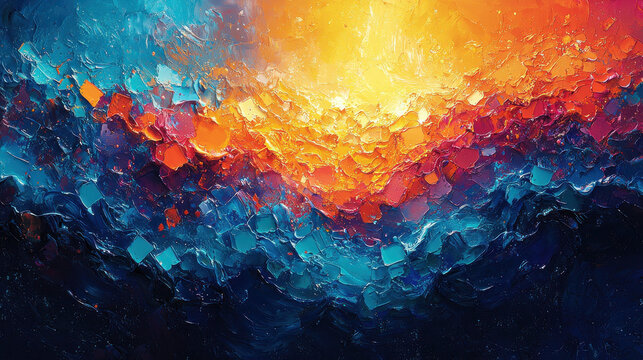 A dynamic canvas, where abstract strokes of vibrant blue, fiery orange, and pulsating hues collide in an explosive interplay of color. Generative AI's touch imbues the painting with an organic 