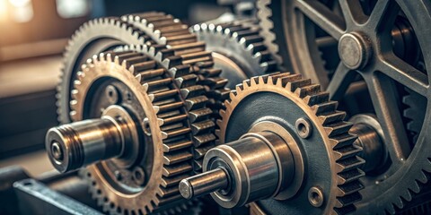 Interlocking Gears Close-up Macro Photography of Industrial Machine Components, Teamwork Concept, Metal Cogwheels, Gear Mechanism Gear mechanism, industrial machine
