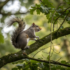 Obraz premium Adorable Grey Squirrel on a Lush Green Tree Branch