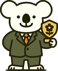 A Cheerful Cartoon Koala In A Suit Holds A Flower Award Rendered With Clean Vector Style Lines