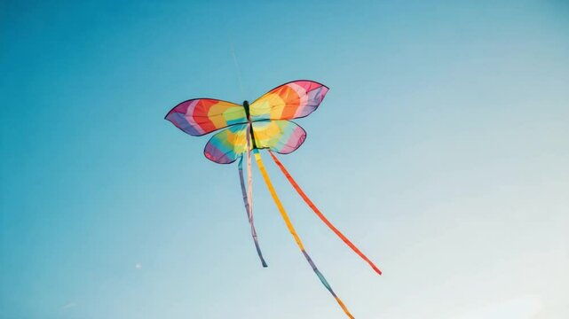 Colorful butterfly kite flying against clear blue sky during summer