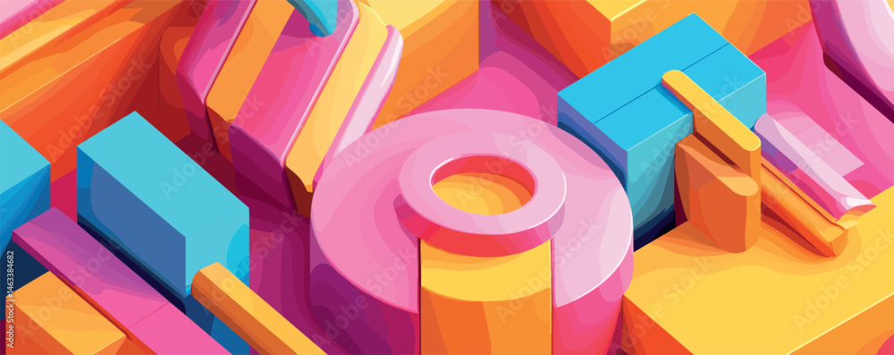 Poster colorful abstract geometric shapes in vibrant 3d design with circles and rectangles.