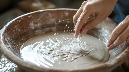 Fototapeta premium Applying Water to Clay: Hands dipping into a bowl of water and then applying it to a clay sculpture, the wetness enhancing the smooth texture of the clay. 