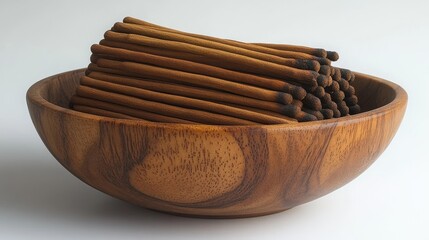Fototapeta premium Wooden bowl filled with used matches. Many burnt matchsticks clustered together in a shallow, round wooden bowl