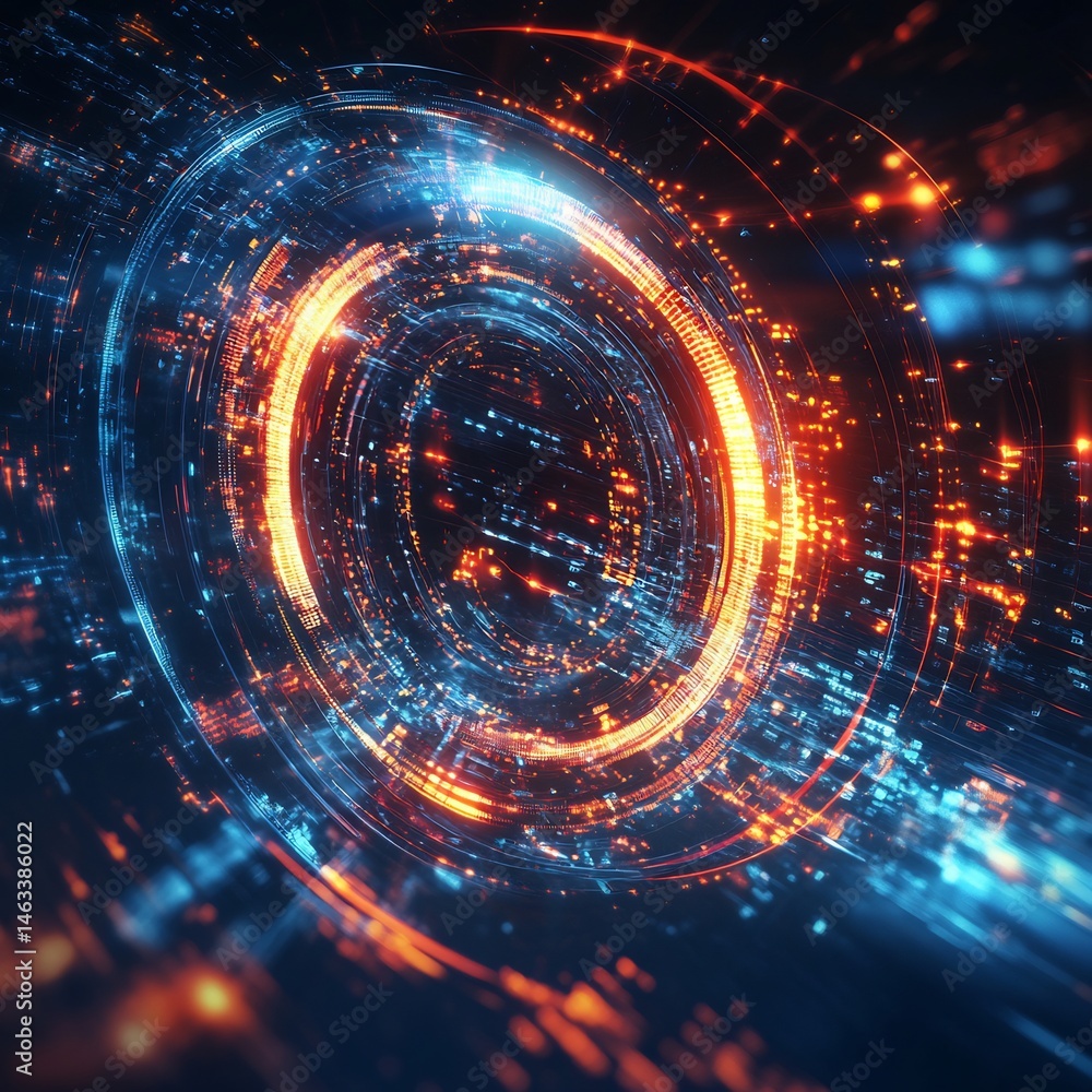 Poster abstract digital circular design with glowing particles and circuit patterns