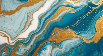 Fluid Art Abstract with Gold Veins and Blue Swirls