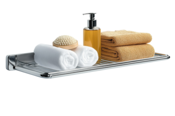 Luxurious chrome bathroom shelf holding soft towels a body brush and amber liquid soap against on transparent background