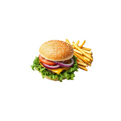 Juicy Cheeseburger with Crispy French Fries, Isolated on Transparent Background - Perfect for Menu Design, Food Blogs, and Restaurant Advertising