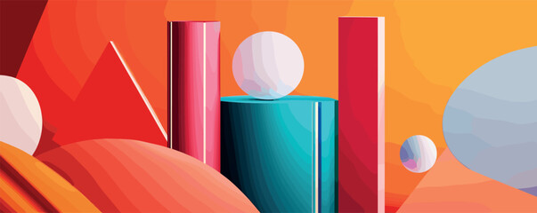 Vibrant abstract 3d geometric shapes with colorful cylinders and spheres.