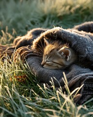 Fototapeta premium Kitten sleeping in blanket outdoors
