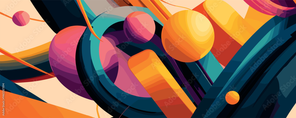 Poster colorful abstract geometric shapes and patterns in vivid 3d-like design.