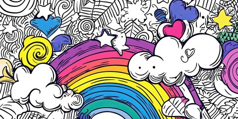 Naklejka premium Vibrant Rainbow Doodle Art: A Whimsical Celebration of Color and Imagination