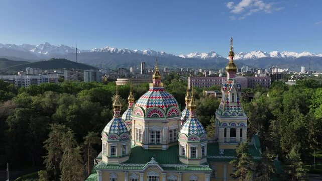 Quadcopter view of the Orthodox wooden Ascension Cathedral built in 1907 in the Kazakh city of Almaty