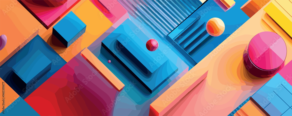 Poster colorful abstract geometric pattern with 3d shapes and lines.