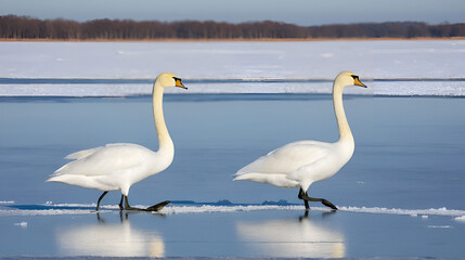 Fototapeta premium Two whooper swans walking on the ice