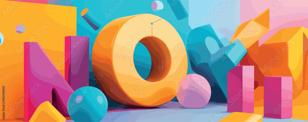Poster abstract colorful geometric shapes in a vibrant 3d style composition with spheres and cubes.