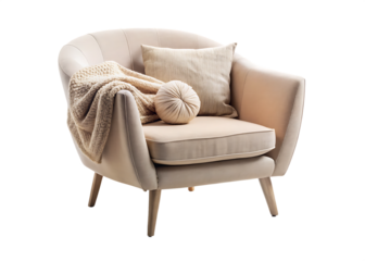 Beige single armchair with round pillow and blanket on transparent background