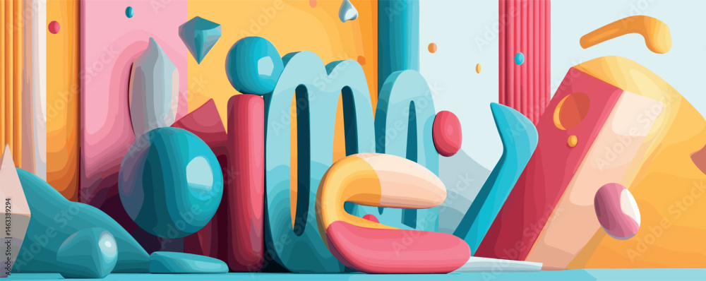 Poster abstract 3d geometric shapes in vibrant colors and fluid forms displaying modern art.