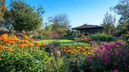 Obraz premium Serene garden landscape with vibrant floral display and shaded gazebo retreat