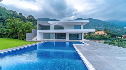 Fototapeta premium Modern home with swimming pool and mountain view real estate architecture