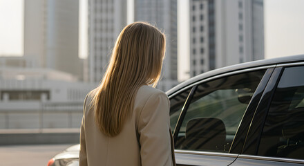 Businesswoman Standing Beside Car in Urban Cityscape at Sunset
