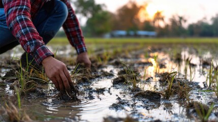 Farmer Planting Rice Seedlings in Flooded Field