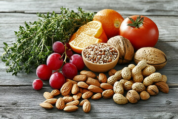 Assortment of Fresh Fruits, Nuts, and Grains on Wooden Surface