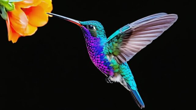 Hummingbird in flight approaching a flower against black background
