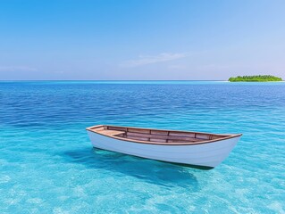 Naklejka premium Empty small boat on calm tropical ocean