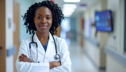 Portrait of a Confident Female Doctor in Hospital Setting with Arms Crossed and Wearing White Coat