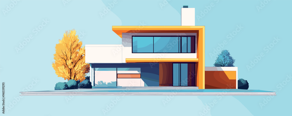 Poster modern minimalist house with geometric design and colorful trees in background.
