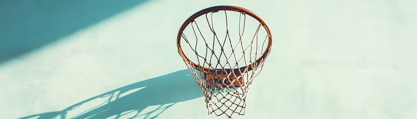 Minimalist basketball hoop framed against a pale blue wall sharp focus on the rim and netting with soft shadows adding depth clean and modern aesthetic