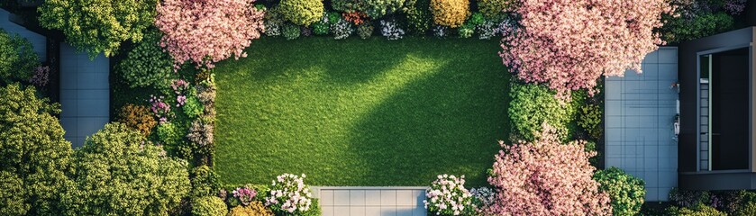 Minimalist garden patio with lush green lawn and blooming cherry trees topdown perspective with a focus on the symmetry and vibrant greenery