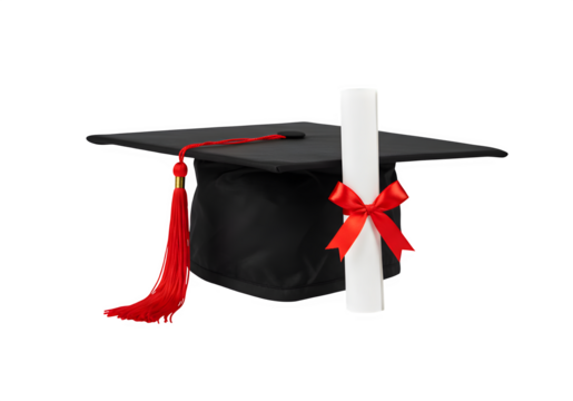 Classic graduation cap with red tassel and rolled diploma tied with a red ribbon, symbolizing achievement and academic success isolated on white or transparent background. PNG