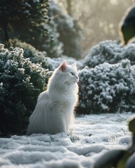 White cat sitting in snowy garden
