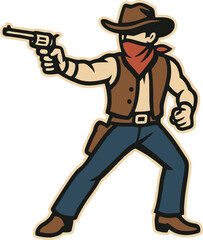 Cartoon Cowboy Aims His Revolver Facing Forward With Determination And A Masked Face Design