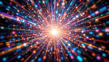 Colorful abstract background with radiant explosion of light particles in motion creating a vibrant energy effect