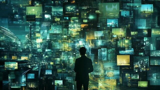 A person contemplates a vast array of images, representing global information overload