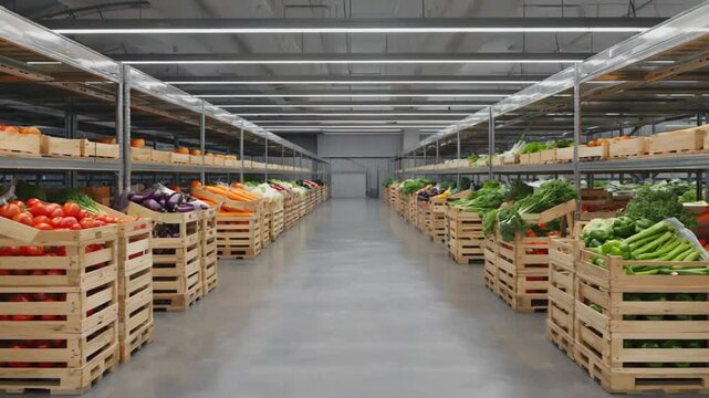 Organized rows of fresh produce in wooden crates inside a warehouse
