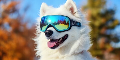 Adorable Samoyed Dog Wearing Ski Goggles in Autumn Scenery, Happy Canine Winter Fun, Snowy Landscape