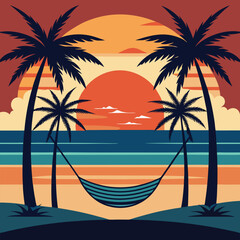 Tropical palm trees silhouette against a vibrant sunset on a serene beach