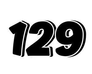 Stylized black number 129 on transparent background, with a bold, 3D appearance and shadow effects for added depth and dimension.