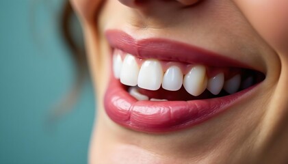 Obraz premium Close-up of gleaming white teeth after cosmetic dental procedure, bonding, dental care, dentistry
