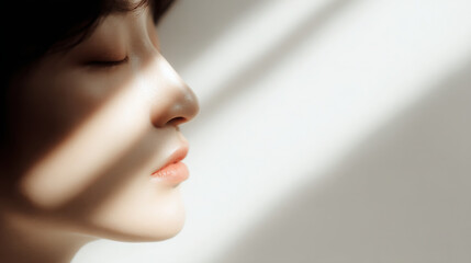 Fototapeta premium portrait showcasing light aesthetic minimalism in digital art focusing on serene face illuminated by soft light