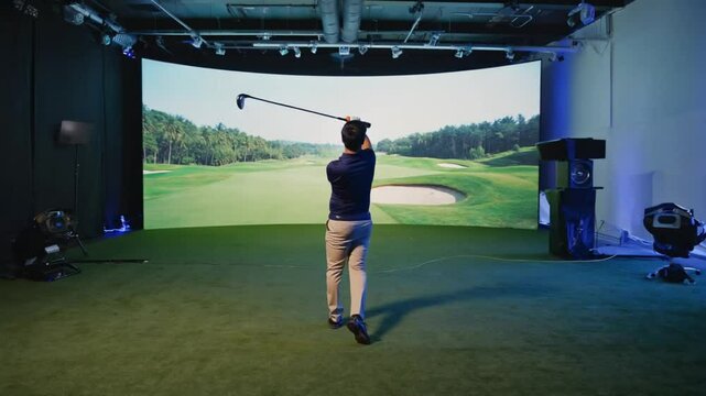 Person swinging golf club in simulation room leisure activity and sports training