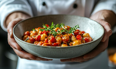 Chef Presenting a Bowl of Gnocchi with Tomato Sauce and Herbs