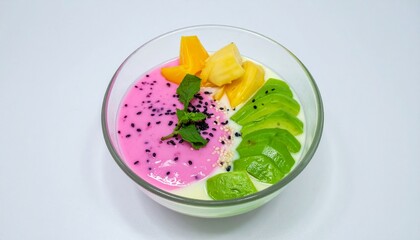 Colorful tropical es campur dessert with coconut milk, jackfruit, avocado and basil seeds in glass bowl showing condensation isolated background