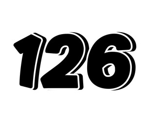 Stylized black number 126 on transparent background, with a bold, 3D appearance and shadow effects for added depth and dimension.