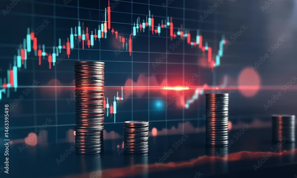 Poster a stock market graph with red and blue candlestick charts, featuring stacks of coins in the bottom r